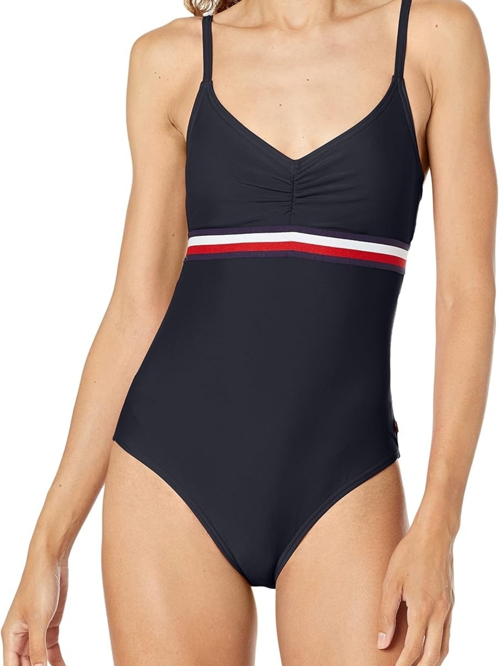 Nwt $98 Tommy Hilfiger Navy One-Piece Swimsuit with Red & White Stripe Band Med